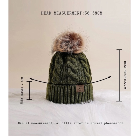 Army Green Cable Knit Beanie Hat Faux Fur Pom Pom - Picture 4 of 11